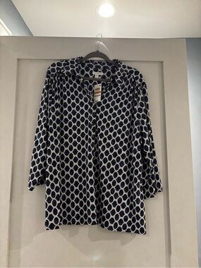 Charter Club Navy and White Print Button-Down Blouse